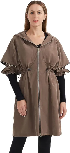 Orolay Women's Half Sleeve Trench Coat Mid-Length Hooded Coat Zipper Closure
