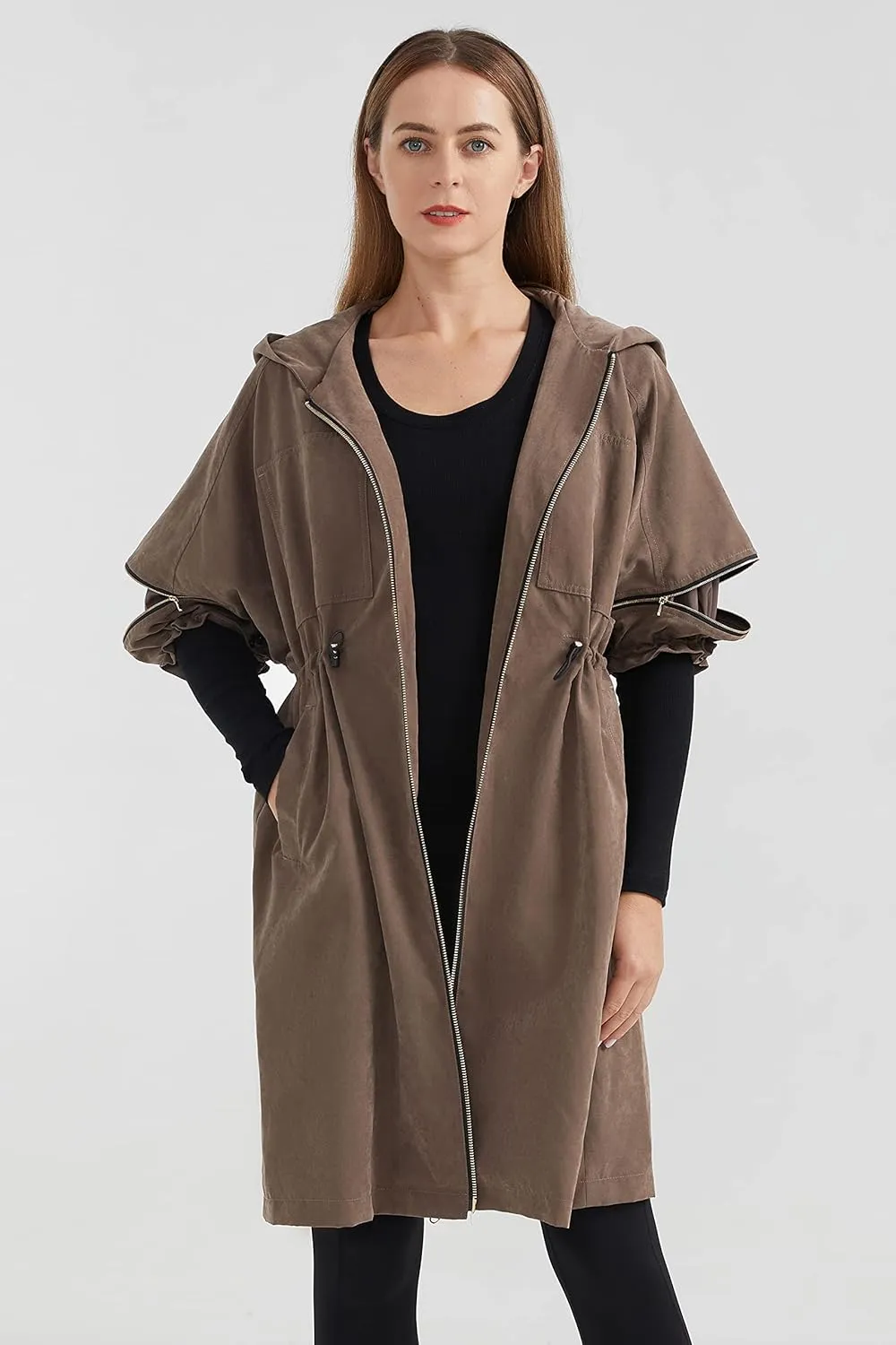 Orolay Women's Half Sleeve Trench Coat Mid-Length Hooded Coat Zipper Closure