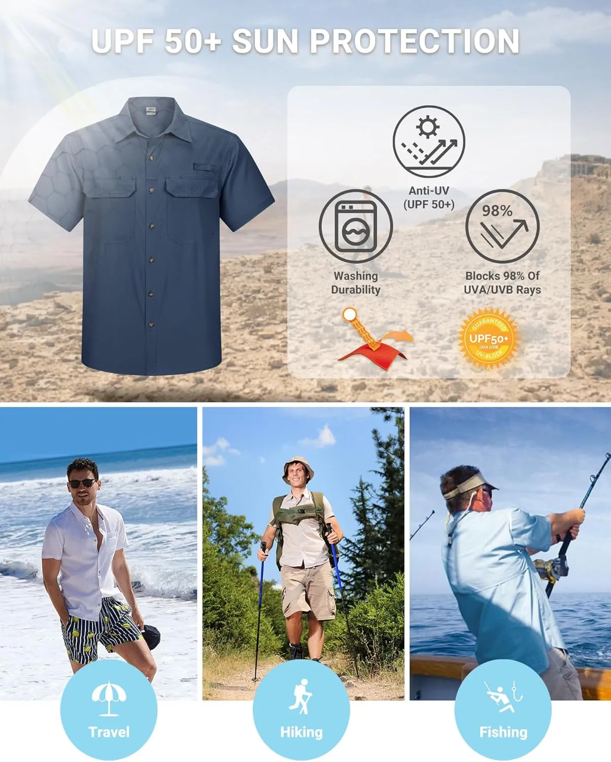 Outdoor Ventures Men's Lightweight Short Sleeve Fishing Shirt UPF 50 Button Down Quick Dry Cooling Hiking Travel Safari Shirt
