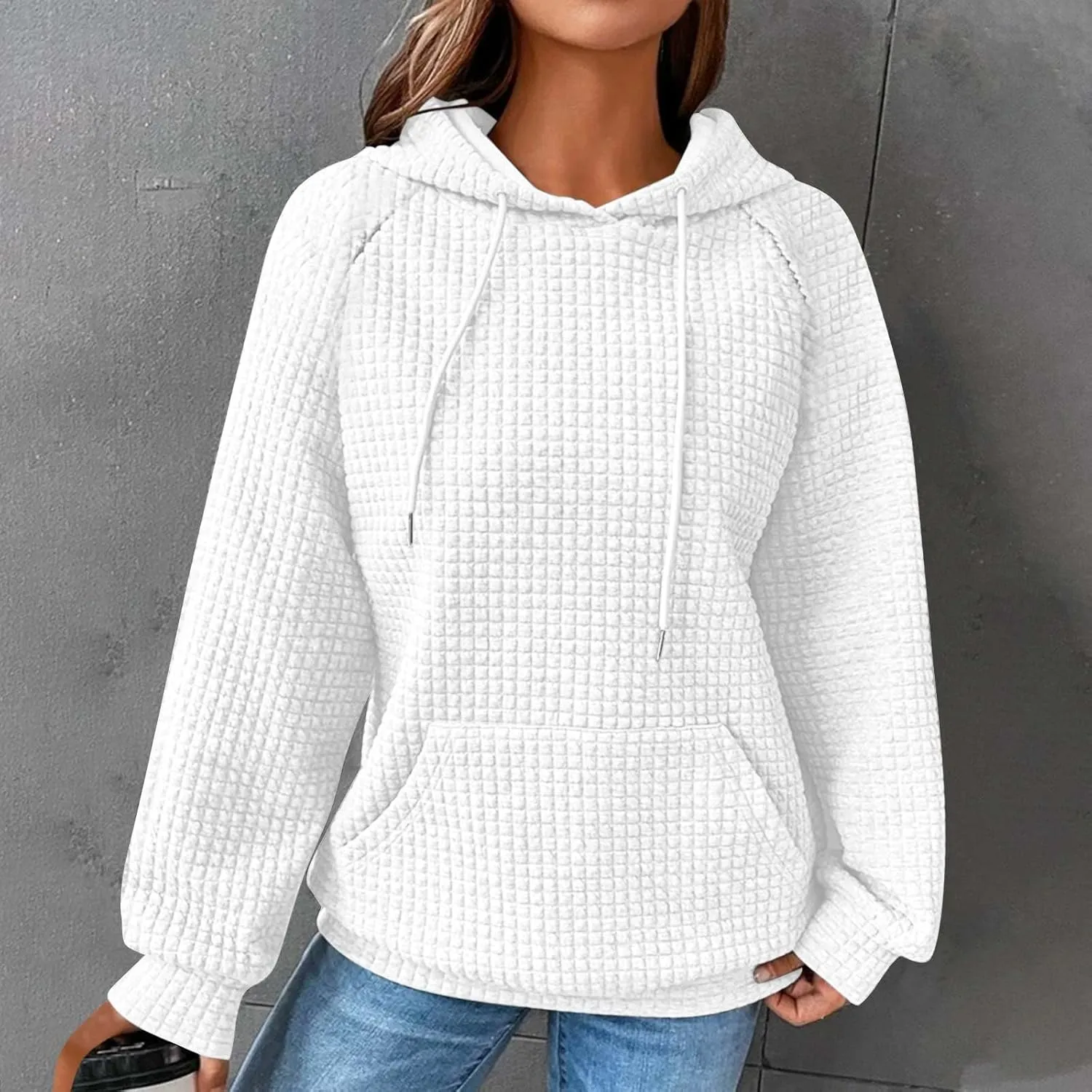 Oversized Waffle Knit Hoodie Sweatshirts for Women Causal Fall Fashion Clothes Solid Drawstring Pullover Hoodies
