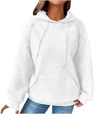 Oversized Waffle Knit Hoodie Sweatshirts for Women Causal Fall Fashion Clothes Solid Drawstring Pullover Hoodies