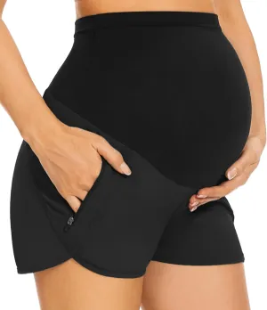 PACBREEZE Women's Maternity Shorts Over Belly Quick Dry Workout Athletic Running Shorts with Zipper Pockets