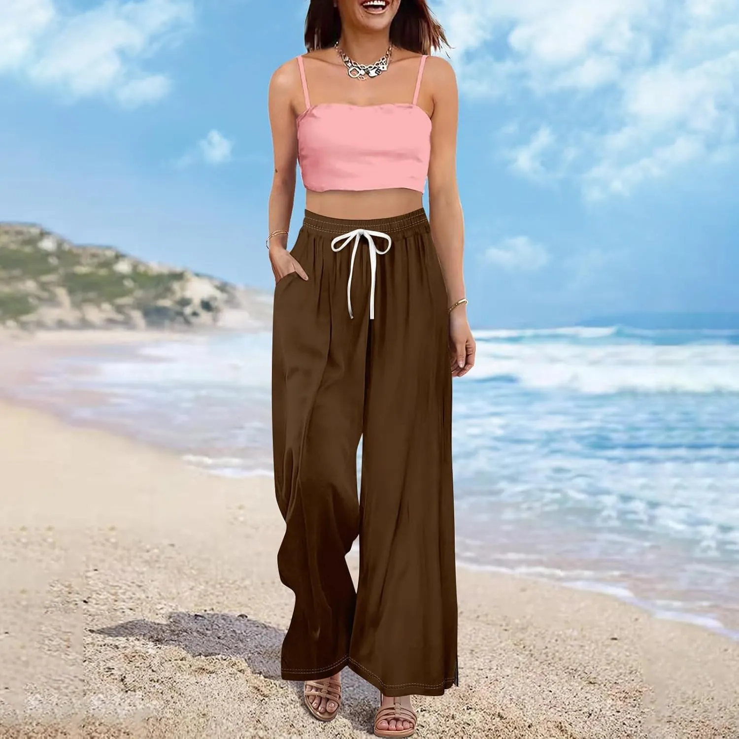 Palazzo Pants for Women,Womens Summer Boho Wide Leg Pants Casual High Waist Lounge Pant 2025 Beach Vacation Outfits