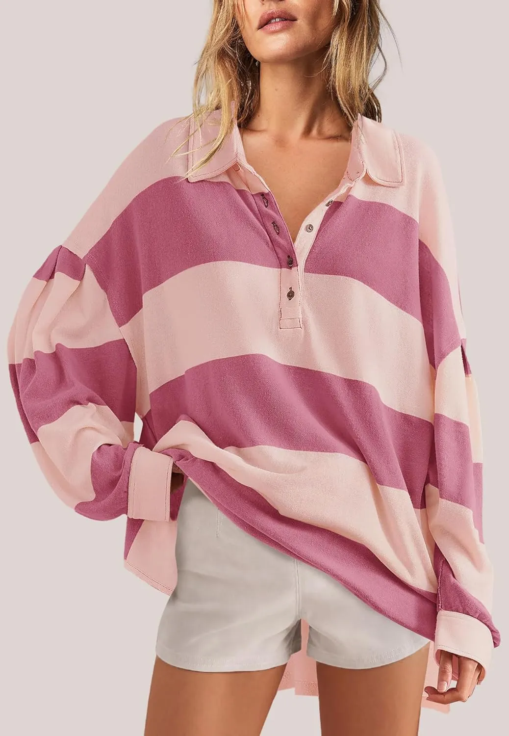 Panadila Womens Long Sleeve Striped Shirt Oversized Polo Shirts Casual V Neck T Shirt Loose Fit Tunic Tops