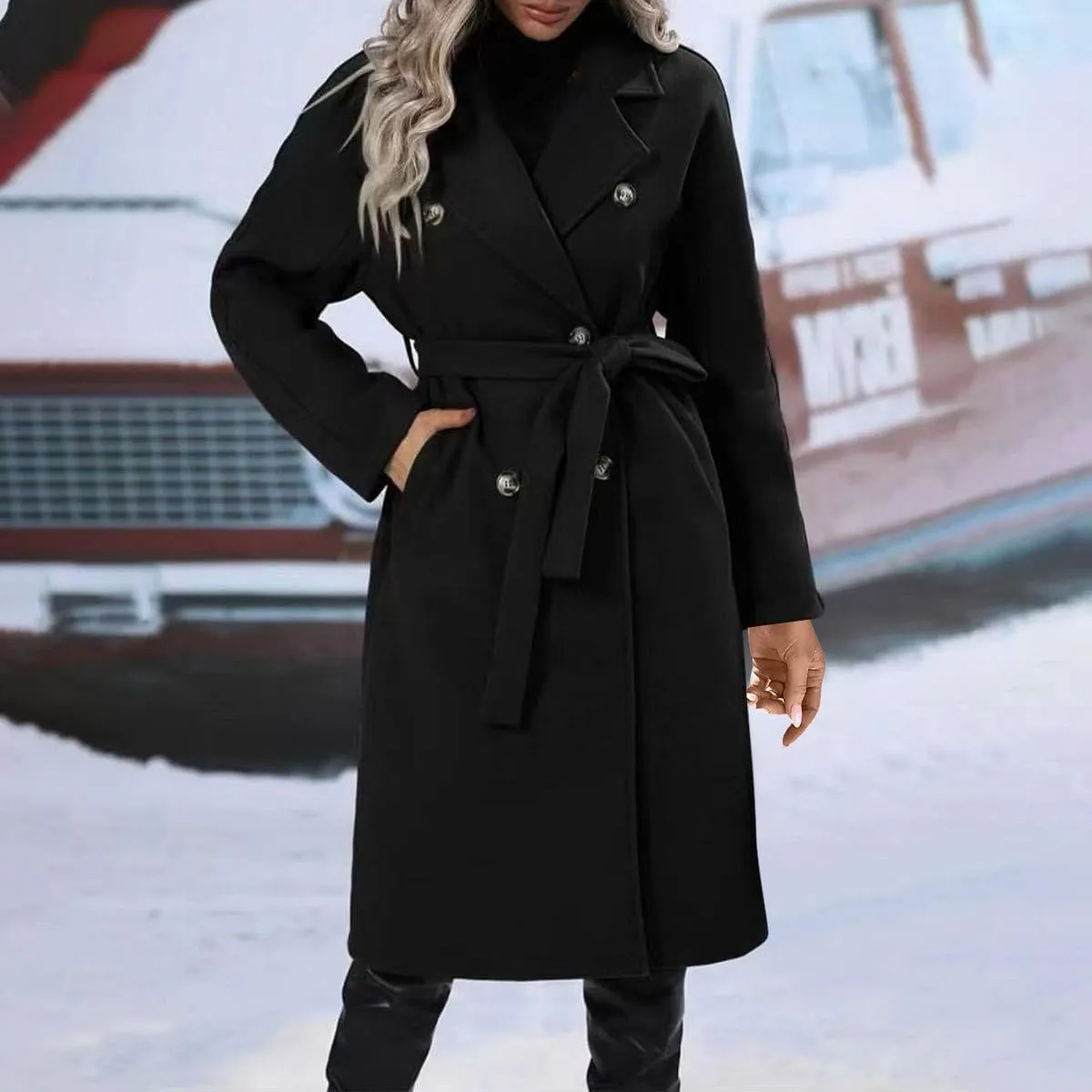 Pea Coats for Women Double Breasted Winter Long Trench Coat Classic Notch Lapel Collared Wotk Office Overcoats