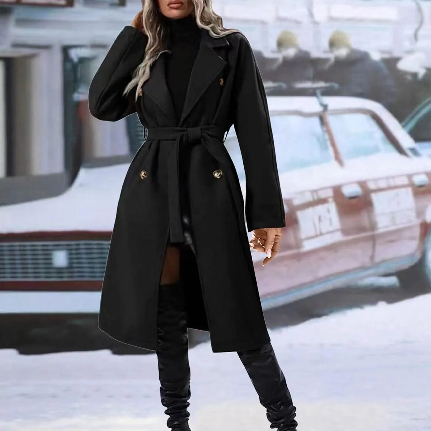 Pea Coats for Women Double Breasted Winter Long Trench Coat Classic Notch Lapel Collared Wotk Office Overcoats