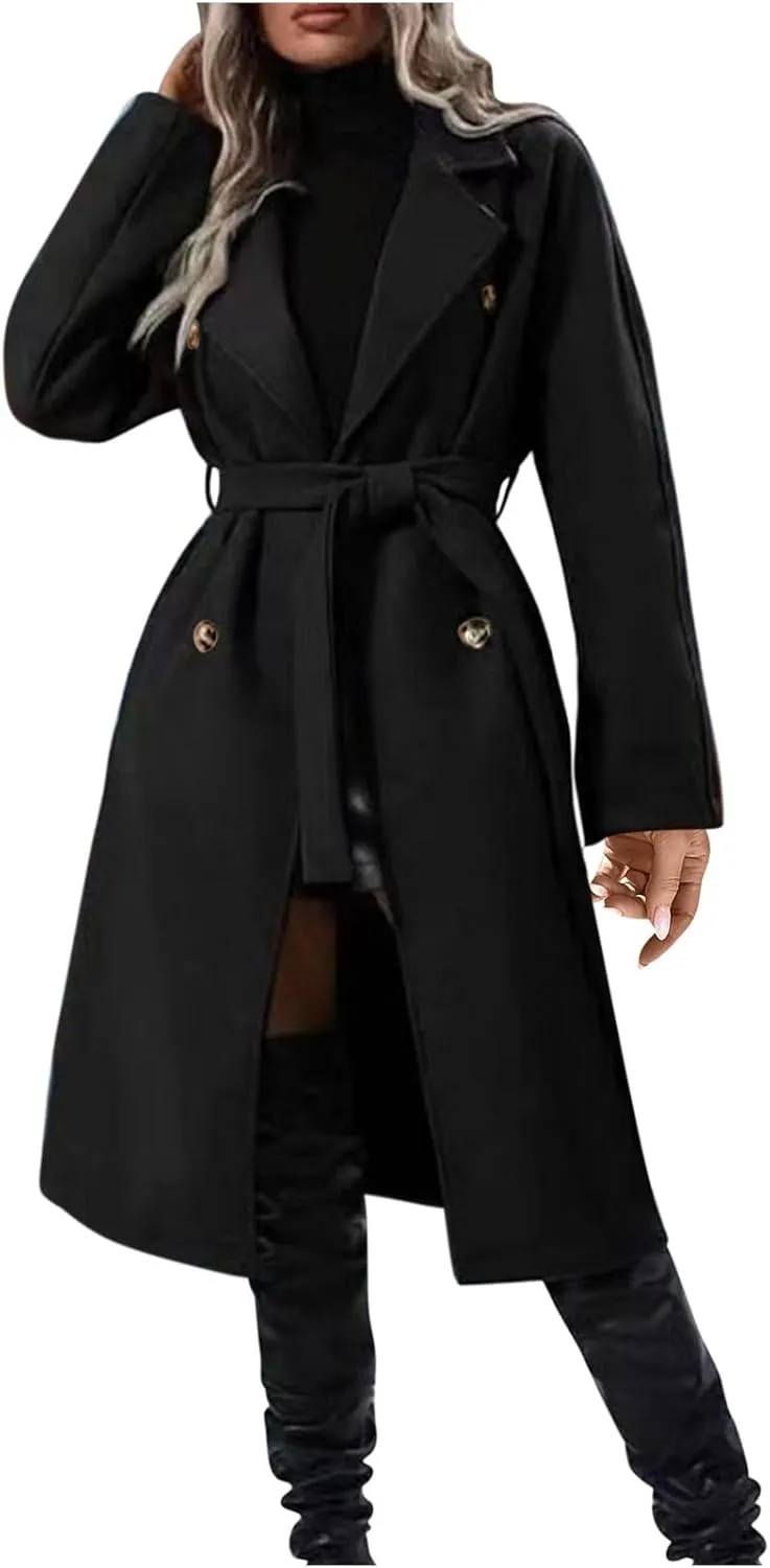 Pea Coats for Women Double Breasted Winter Long Trench Coat Classic Notch Lapel Collared Wotk Office Overcoats