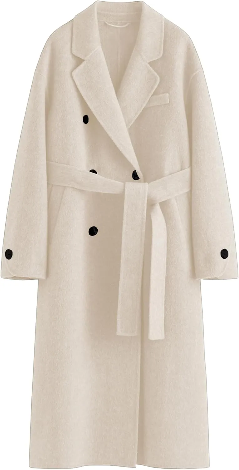 Peaceglad Womens Pea Coats Fall Long Trench Coat Double Breasted Button Down Lapel Belted Peacoat