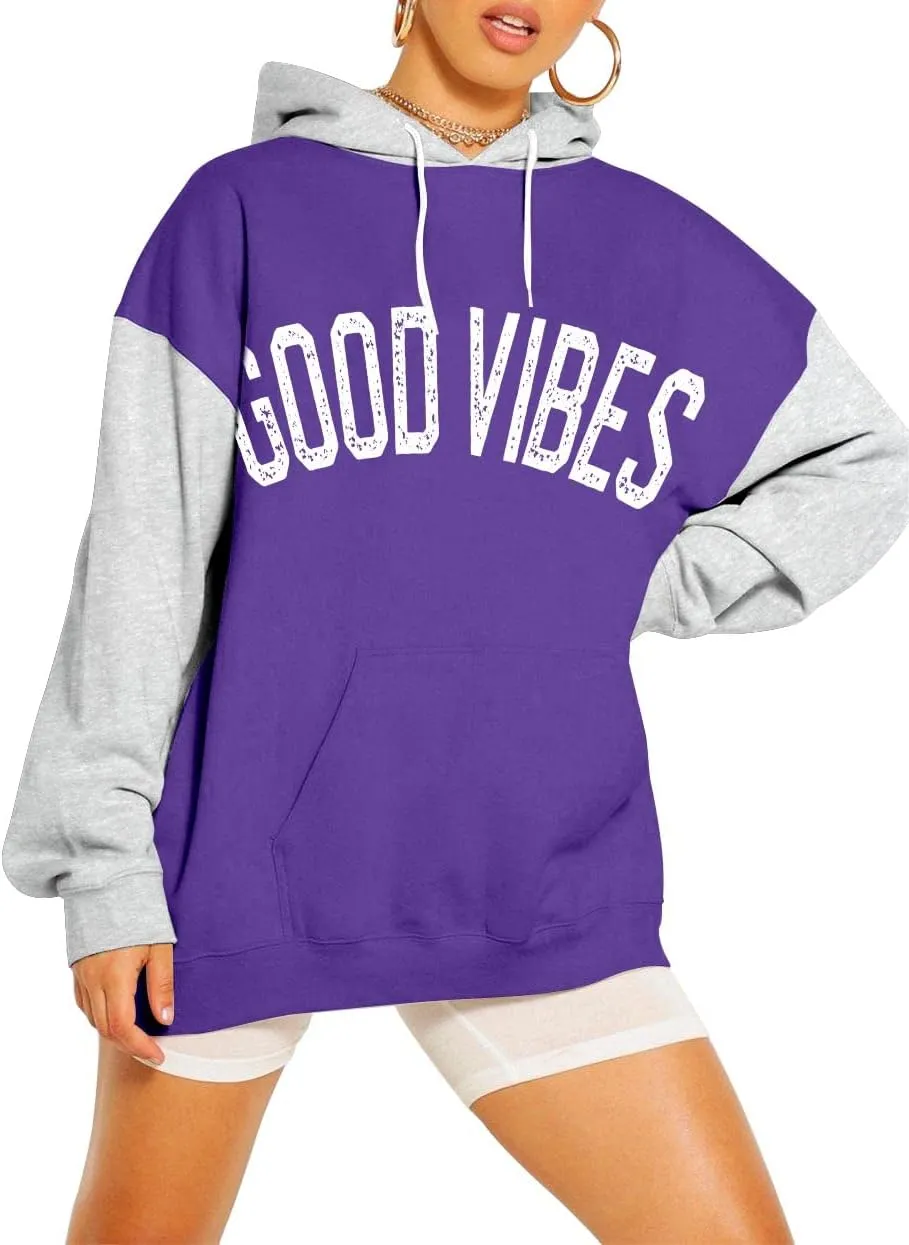 PESION Womens Pullover Hoodies Oversized Graphic Color Block Novelty Hoodie Sweatshirts with Pockets