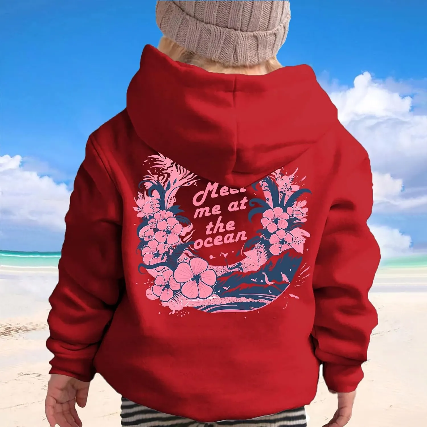 Pink Pom Puff Hoodies For Kids Meet Me At The Ocean Cute Preppy Sweatshirt Teen Girls Oversized Y2K Casual Pullover