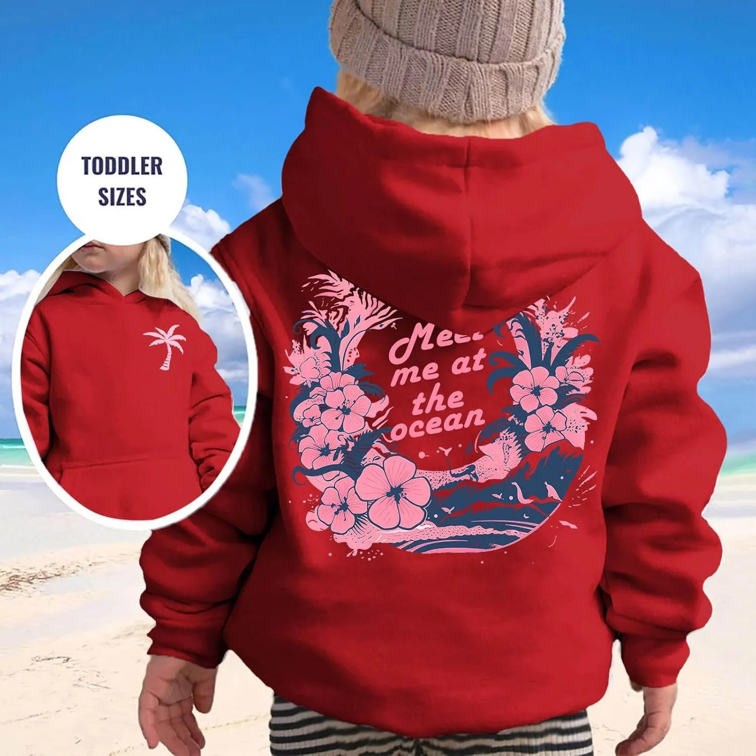 Pink Pom Puff Hoodies For Kids Meet Me At The Ocean Cute Preppy Sweatshirt Teen Girls Oversized Y2K Casual Pullover