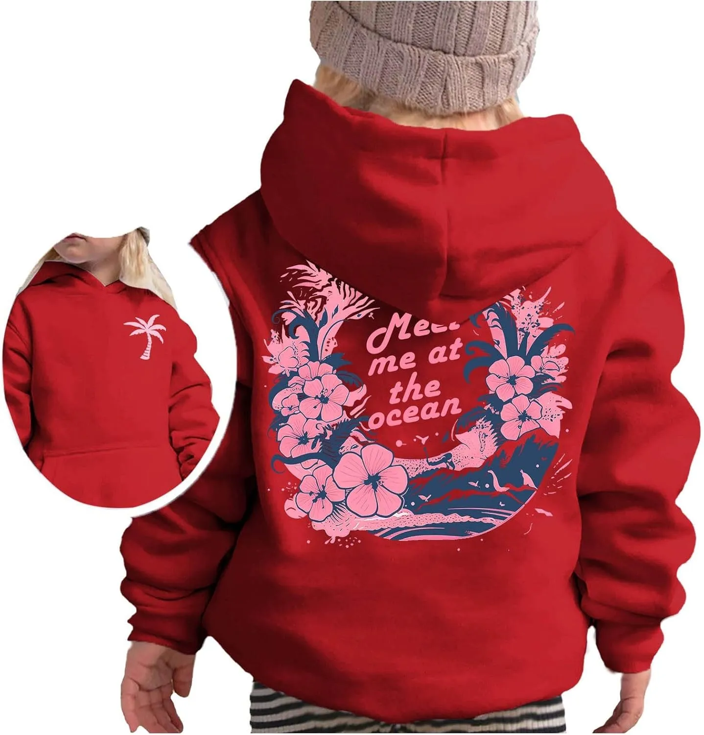 Pink Pom Puff Hoodies For Kids Meet Me At The Ocean Cute Preppy Sweatshirt Teen Girls Oversized Y2K Casual Pullover