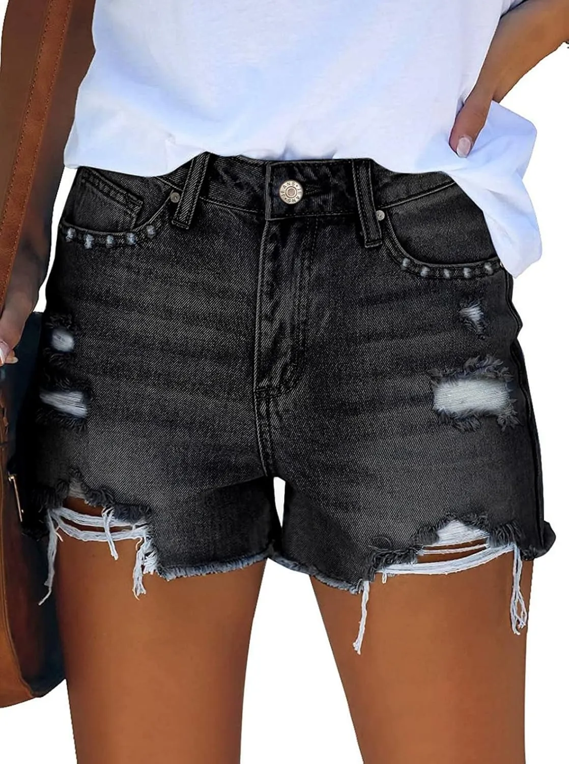 Pink Queen Women's High Waisted Denim Shorts Casual Ripped Summer Hot Short Jeans Frayed Distressed Jeans Shorts with Pockets
