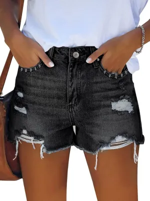 Pink Queen Women's High Waisted Denim Shorts Casual Ripped Summer Hot Short Jeans Frayed Distressed Jeans Shorts with Pockets