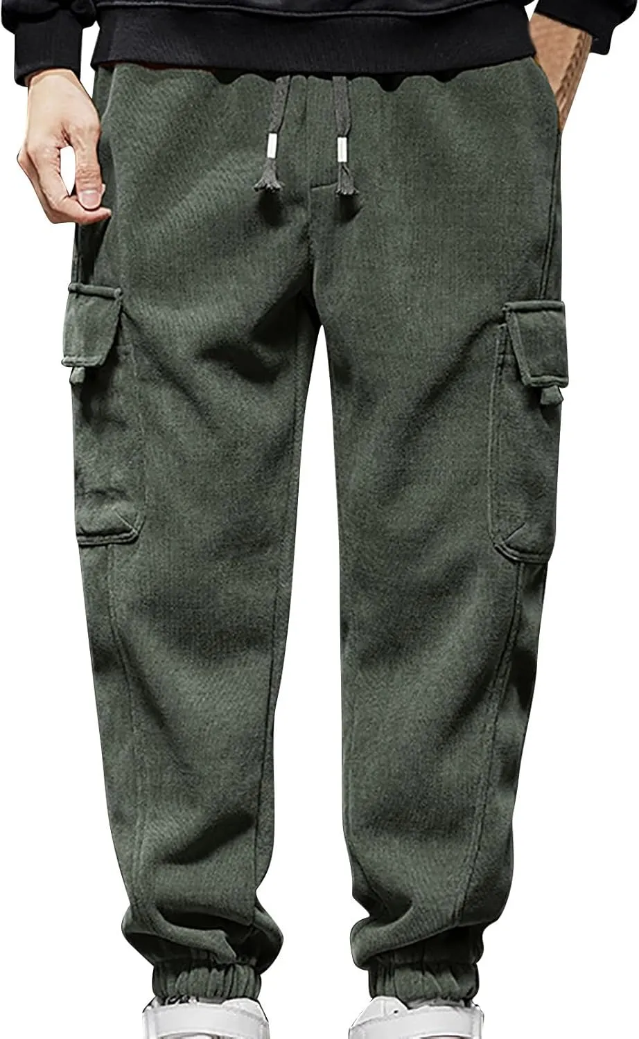 Plus Size Corduroy Cargo Pants Men Pocket Elastic String Waist Sweatpants Warm Casual Sports Tapered Jogger Trousers