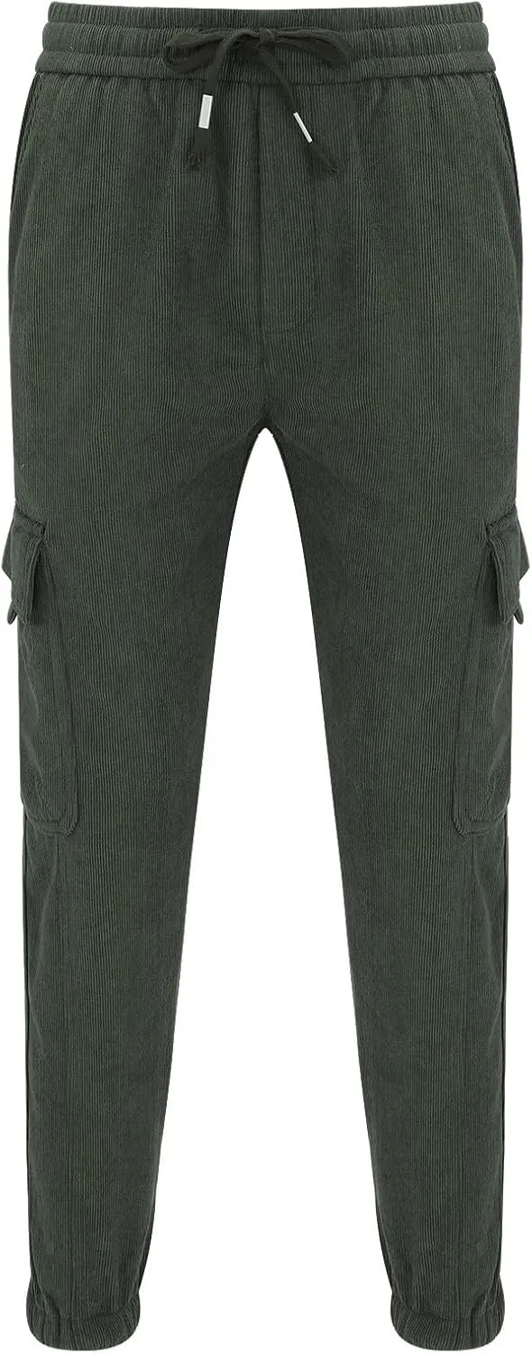 Plus Size Corduroy Cargo Pants Men Pocket Elastic String Waist Sweatpants Warm Casual Sports Tapered Jogger Trousers