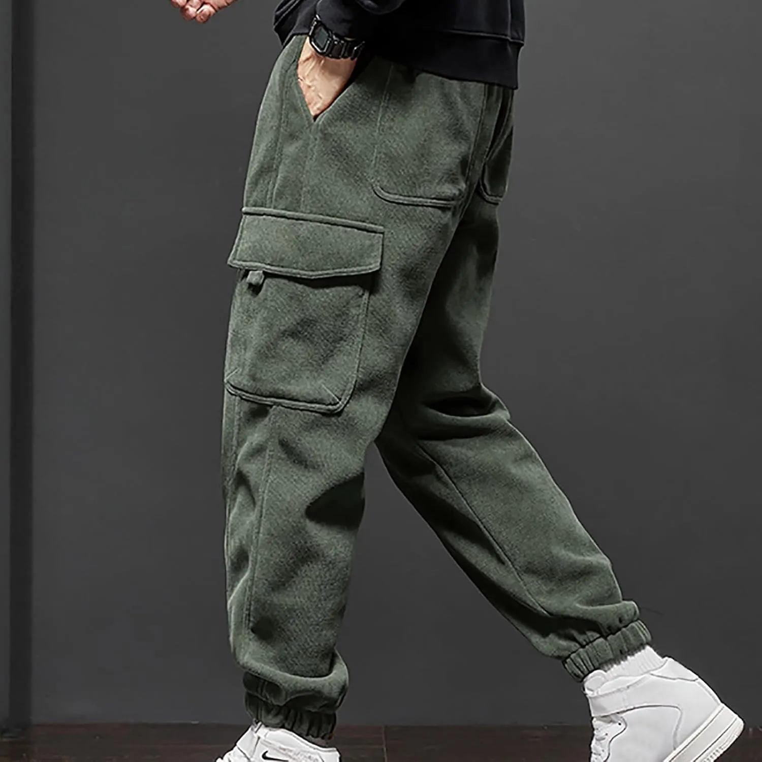 Plus Size Corduroy Cargo Pants Men Pocket Elastic String Waist Sweatpants Warm Casual Sports Tapered Jogger Trousers