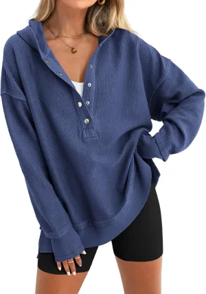 PRETTYGARDEN Womens Fashion 2025 Long Sleeve Hoodie Oversized Button Up V Neck Sweatshirt Side Slit Casual Pullover Tops