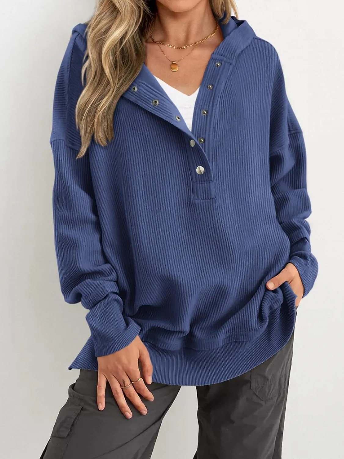 PRETTYGARDEN Womens Fashion 2025 Long Sleeve Hoodie Oversized Button Up V Neck Sweatshirt Side Slit Casual Pullover Tops