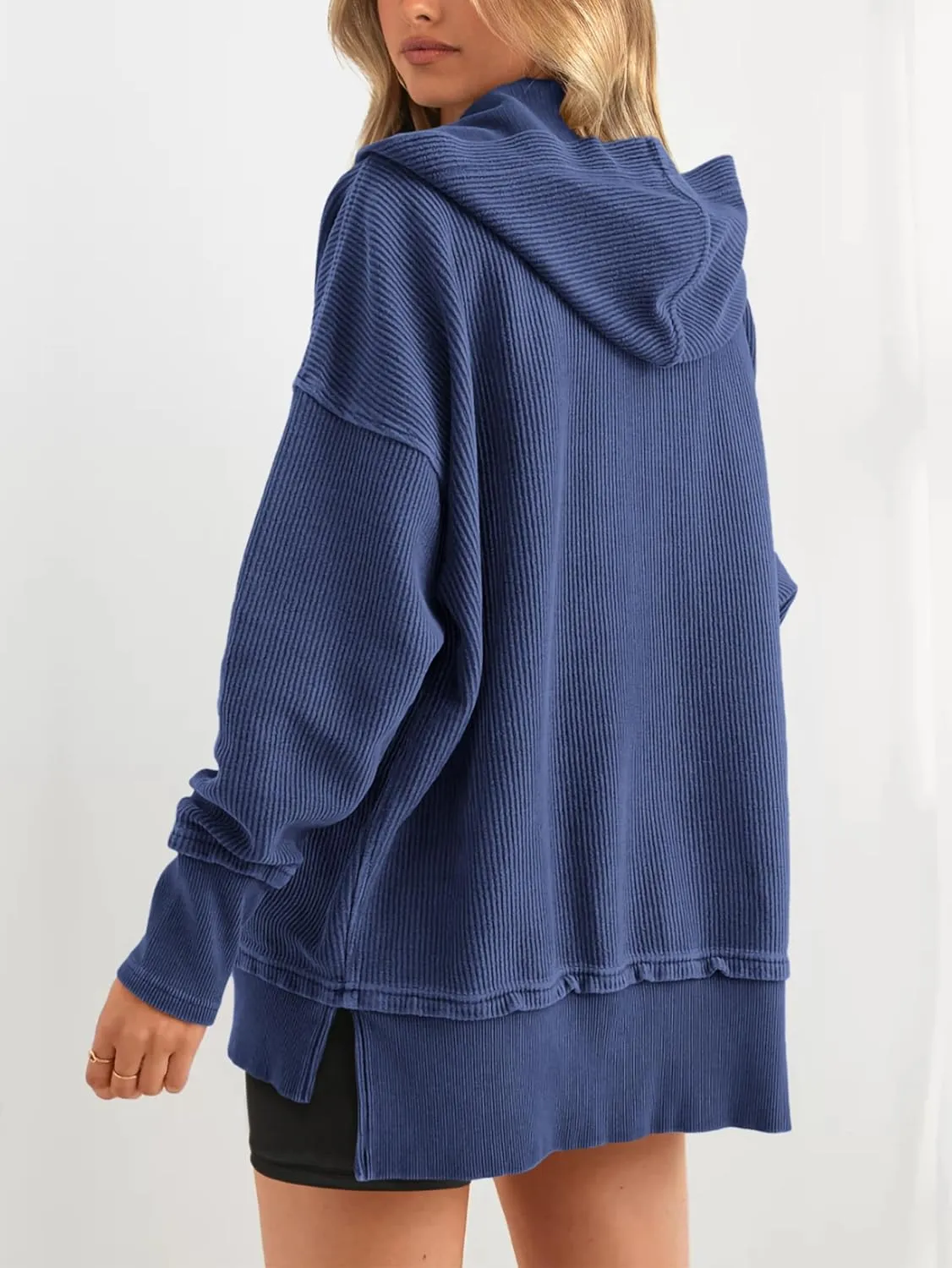 PRETTYGARDEN Womens Fashion 2025 Long Sleeve Hoodie Oversized Button Up V Neck Sweatshirt Side Slit Casual Pullover Tops
