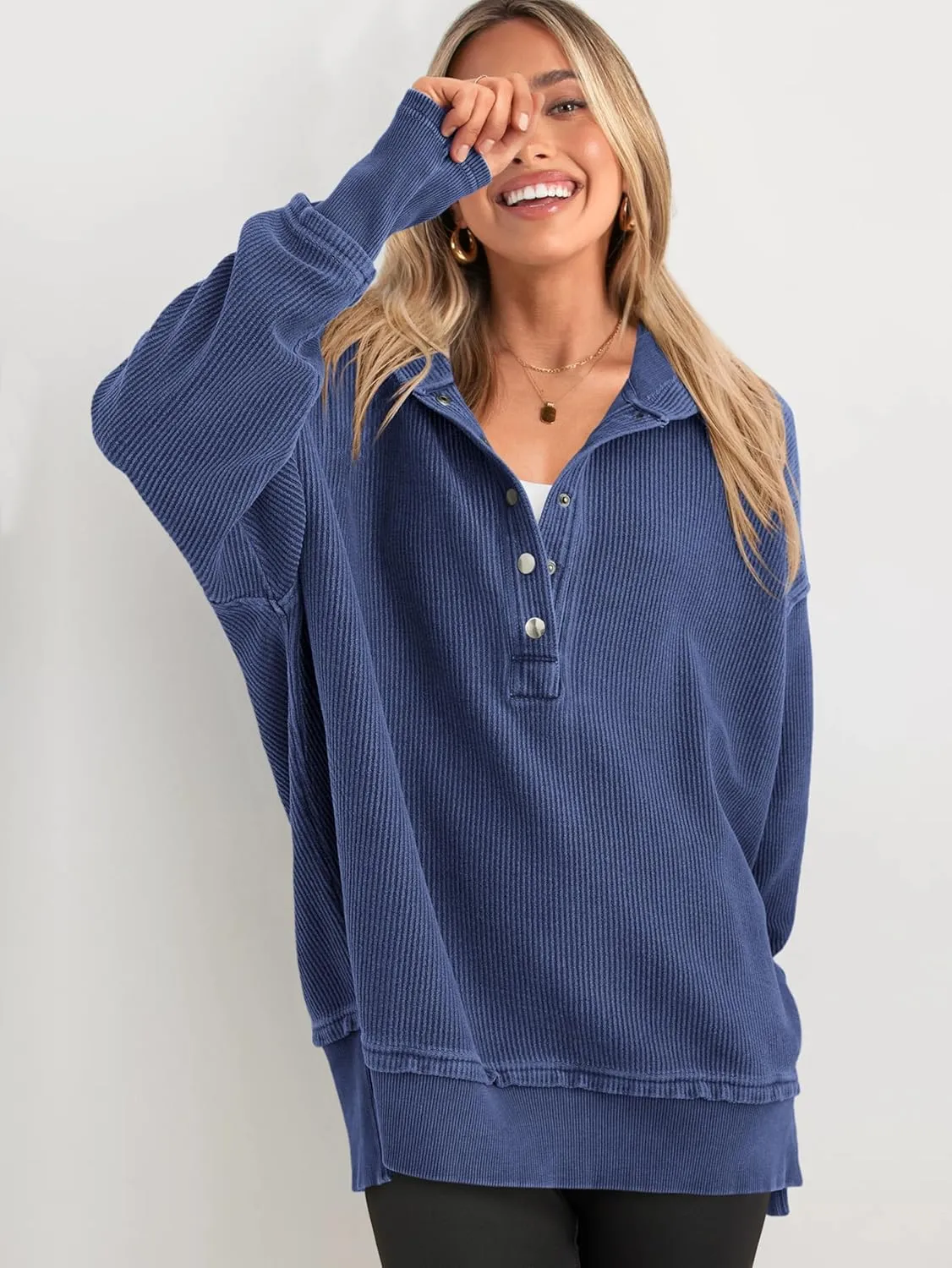 PRETTYGARDEN Womens Fashion 2025 Long Sleeve Hoodie Oversized Button Up V Neck Sweatshirt Side Slit Casual Pullover Tops