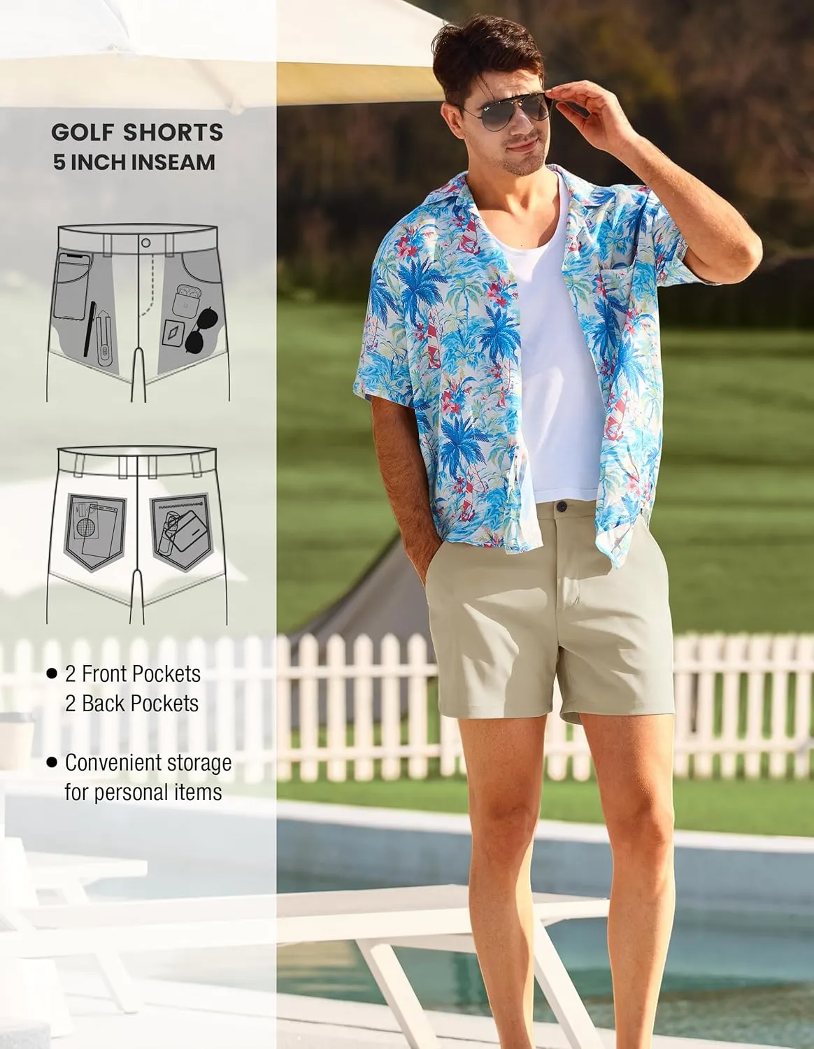 PULI Golf Shorts Men 5 Inch Inseam Stretch Casual Dress Shorts with Pockets Waterproof Lightweight Quick Dry