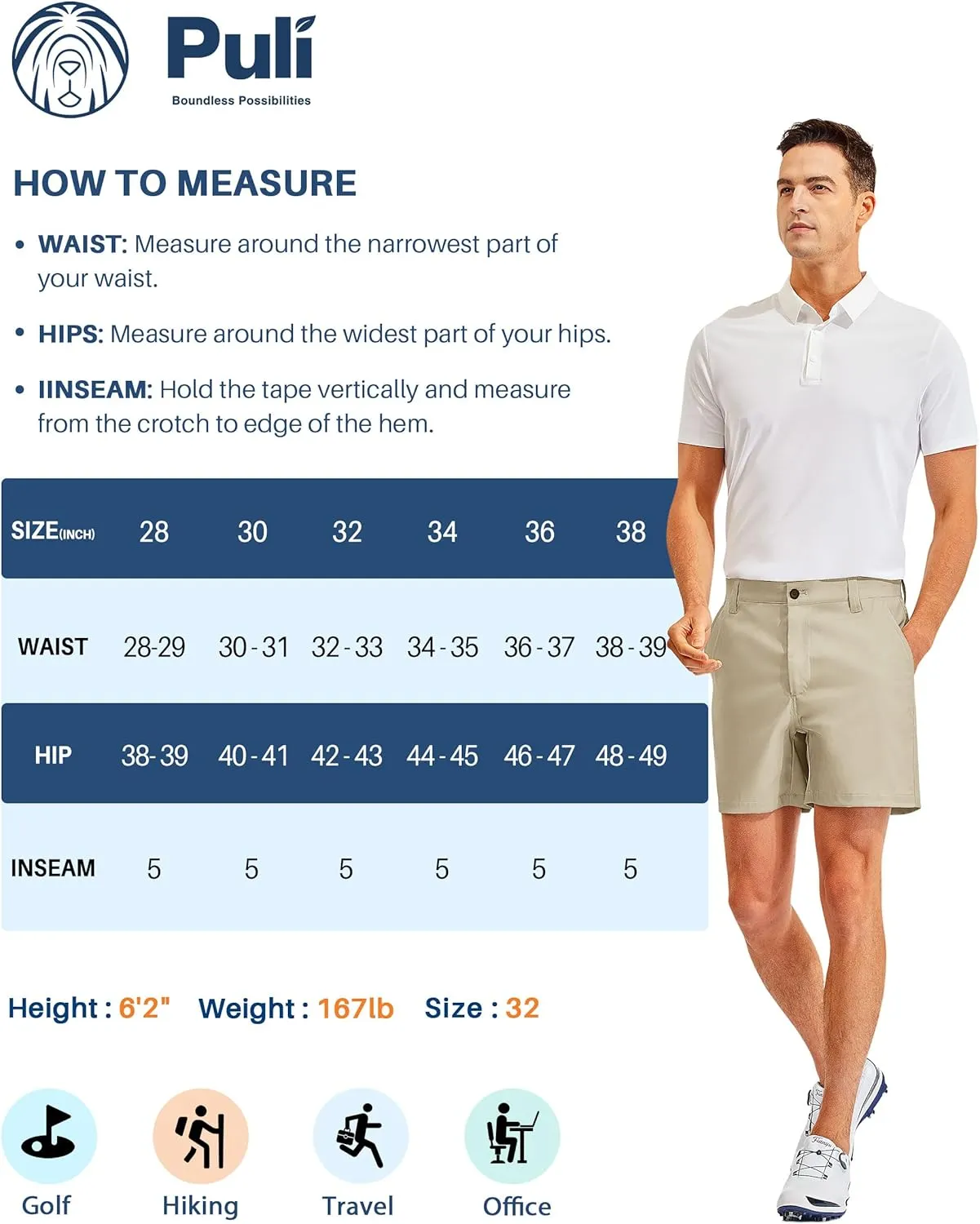 PULI Golf Shorts Men 5 Inch Inseam Stretch Casual Dress Shorts with Pockets Waterproof Lightweight Quick Dry