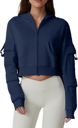 QINSEN Hoodies for Women Full Zip Up Cropped Jacket Long Sleeves with Cargo Pockets Sweatshirts Tops