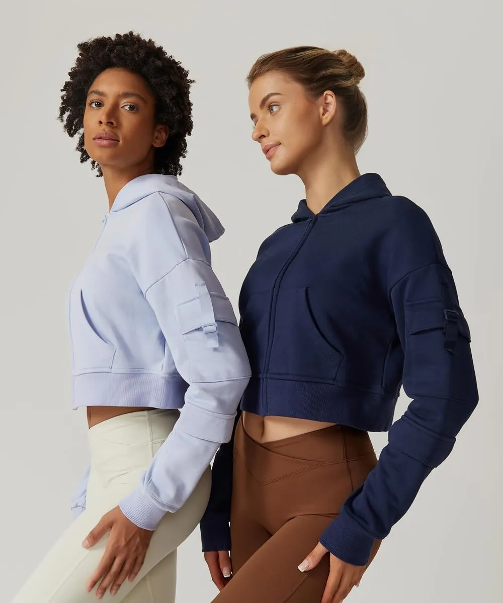 QINSEN Hoodies for Women Full Zip Up Cropped Jacket Long Sleeves with Cargo Pockets Sweatshirts Tops