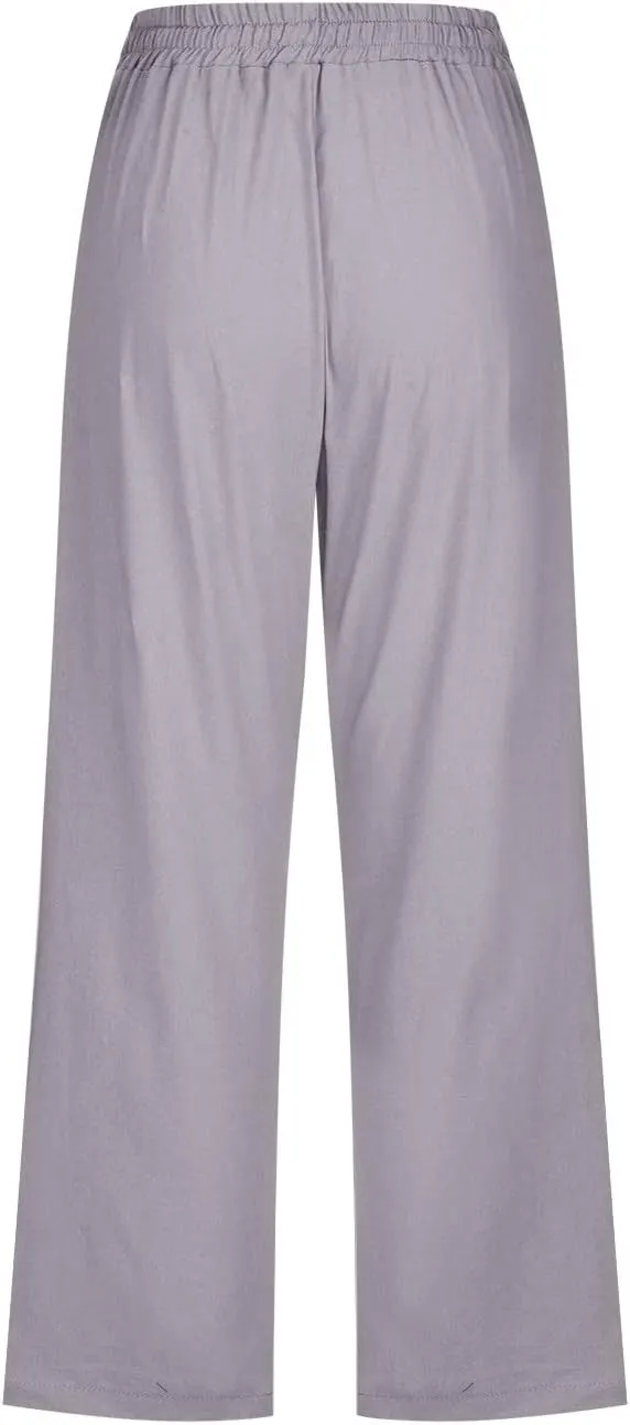 QWENTMTNTY Linen Capri Pants for Women Plus Size Wide Leg Casual Summer Elastic Waisted Drawstring Cropped Trousers Pockets