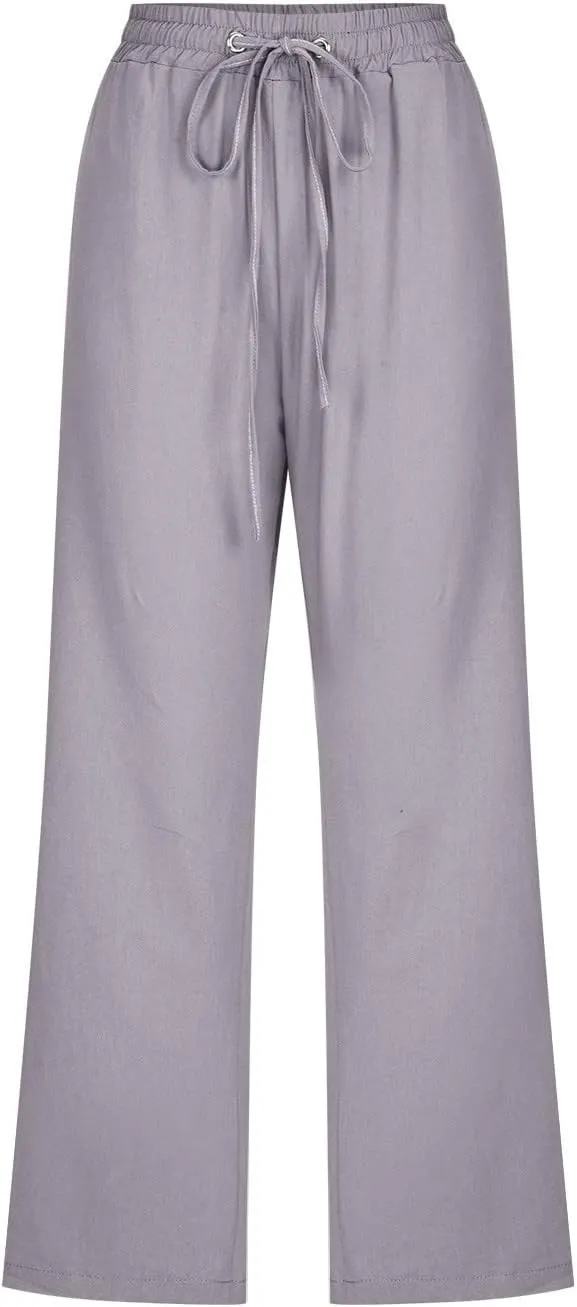 QWENTMTNTY Linen Capri Pants for Women Plus Size Wide Leg Casual Summer Elastic Waisted Drawstring Cropped Trousers Pockets