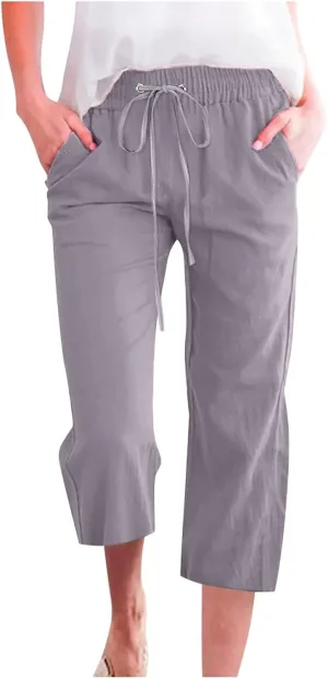 QWENTMTNTY Linen Capri Pants for Women Plus Size Wide Leg Casual Summer Elastic Waisted Drawstring Cropped Trousers Pockets