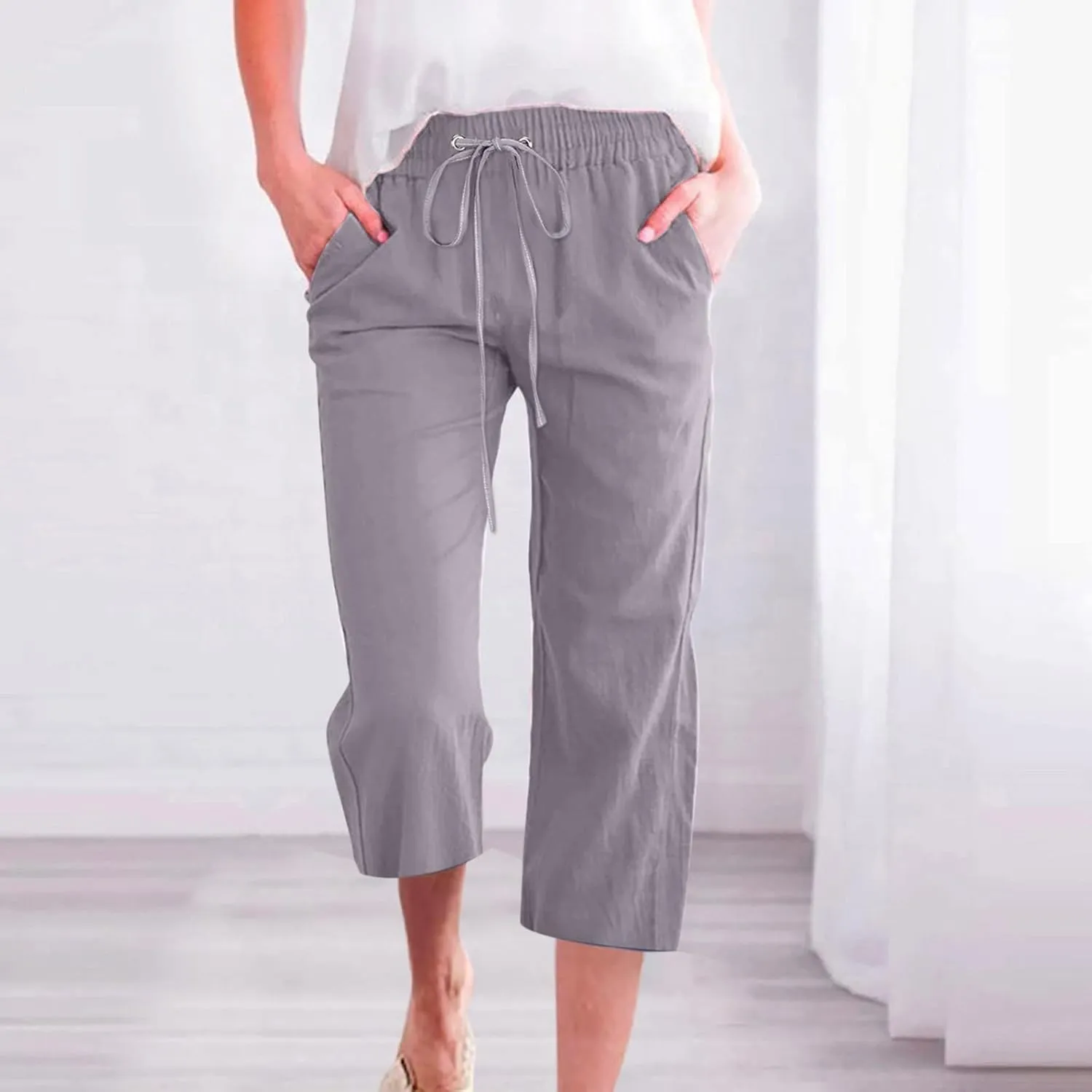 QWENTMTNTY Linen Capri Pants for Women Plus Size Wide Leg Casual Summer Elastic Waisted Drawstring Cropped Trousers Pockets