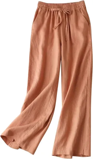 QWENTMTNTY Wide Leg Linen Pants for Women High Waisted Plus Size Casual Summer Pants Drawstring Elastic Straight Leg Pants