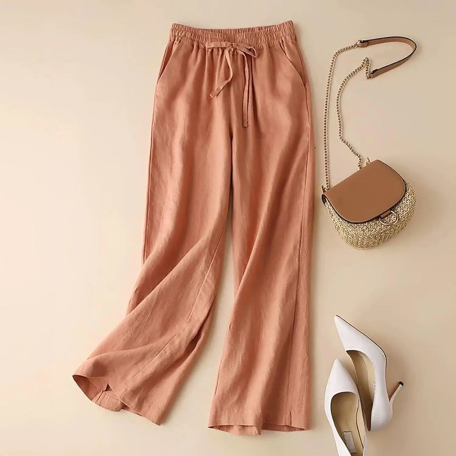 QWENTMTNTY Wide Leg Linen Pants for Women High Waisted Plus Size Casual Summer Pants Drawstring Elastic Straight Leg Pants