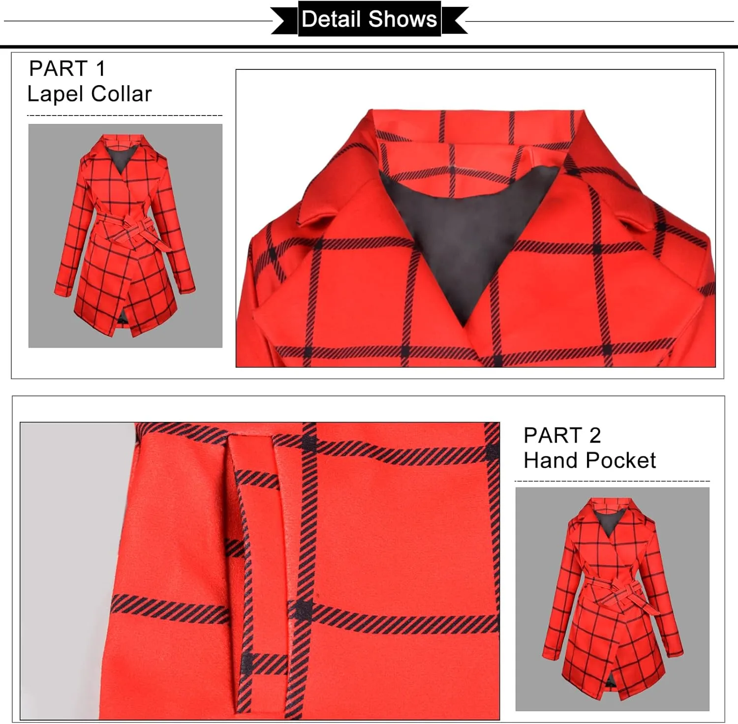 QZUnique Trench Coat Women Turn Down Collar Wrap Coat Wool Blend Grid Belted Outwear Asymmetric Hem Winter Pea Coats