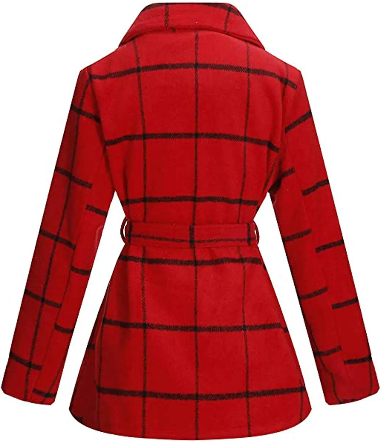 QZUnique Trench Coat Women Turn Down Collar Wrap Coat Wool Blend Grid Belted Outwear Asymmetric Hem Winter Pea Coats