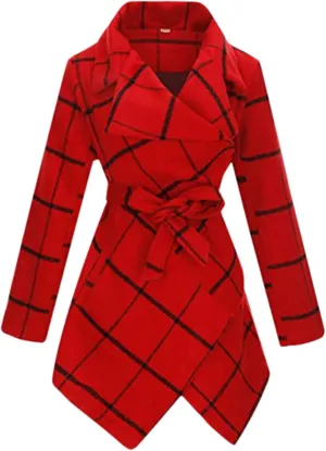 QZUnique Trench Coat Women Turn Down Collar Wrap Coat Wool Blend Grid Belted Outwear Asymmetric Hem Winter Pea Coats