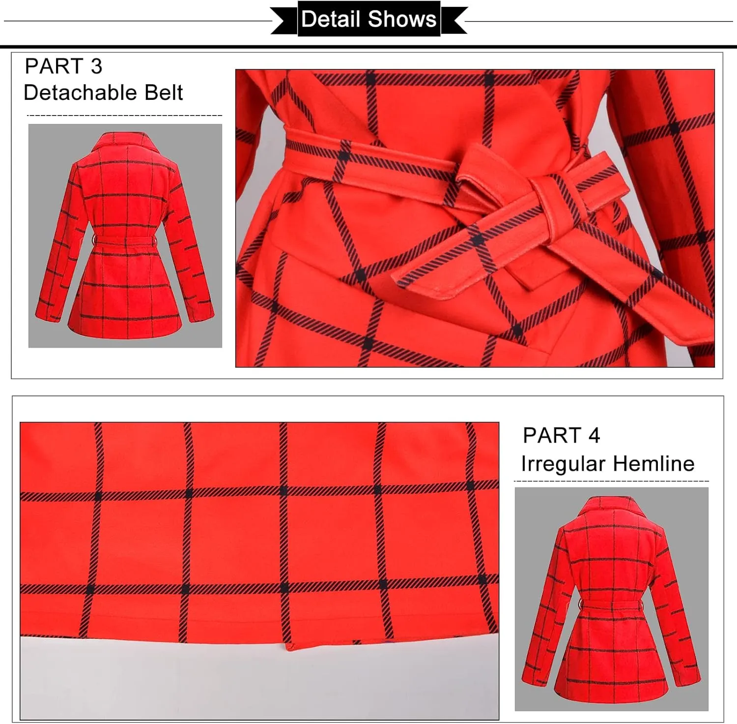 QZUnique Trench Coat Women Turn Down Collar Wrap Coat Wool Blend Grid Belted Outwear Asymmetric Hem Winter Pea Coats