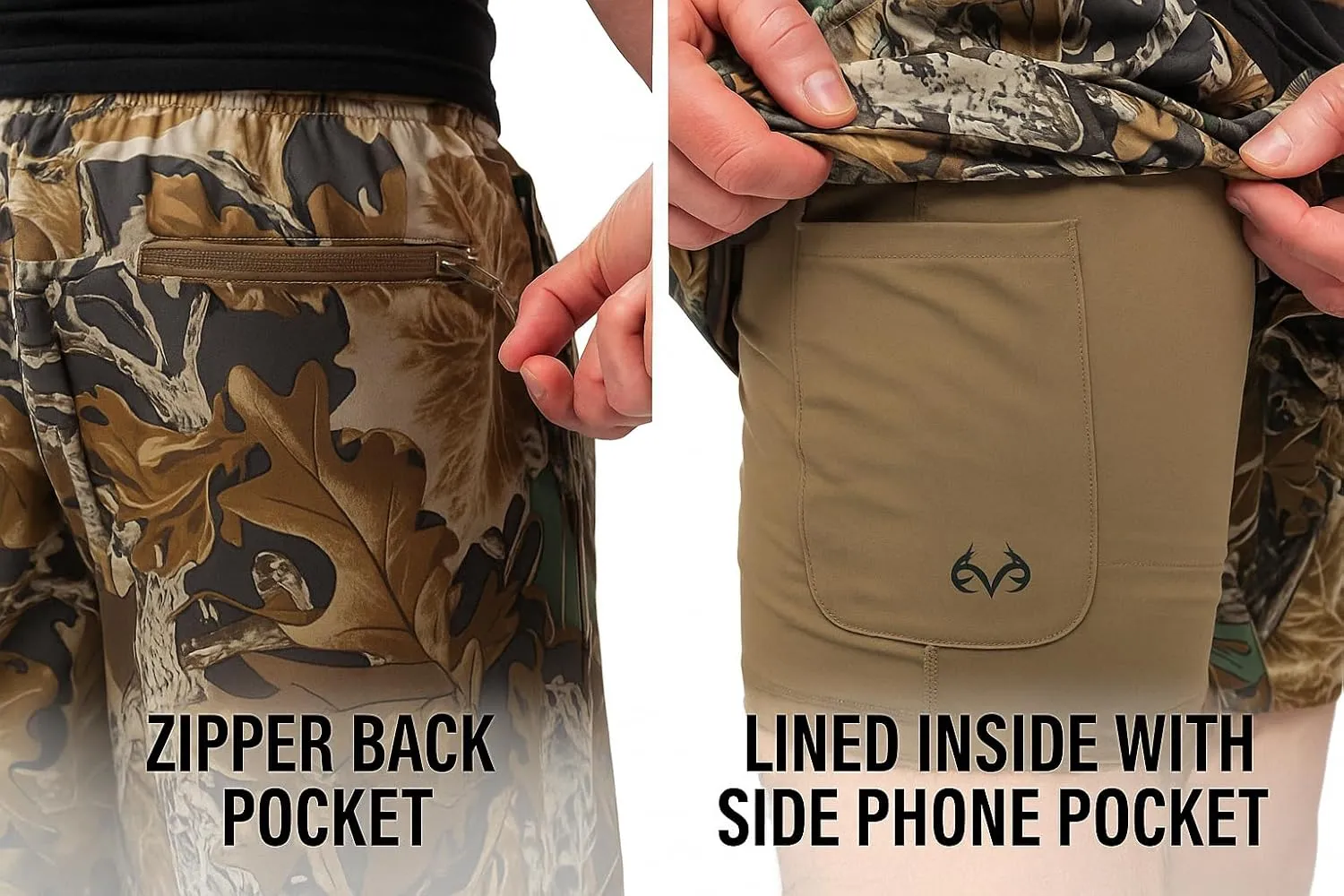 Realtree Men's Camo Lined Shorts Quick Dry Shorts with Zipper Pockets for Running, Fishing and Hiking