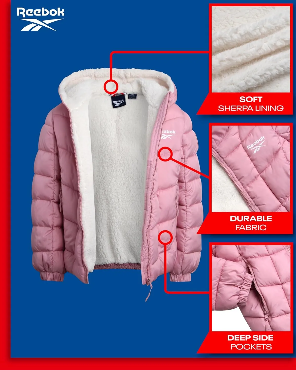 Reebok Girls' Winter Jacket - Heavyweight Quilted Puffer Parka Coat - Sherpa Lined Ski Jacket for Girls (4-16)