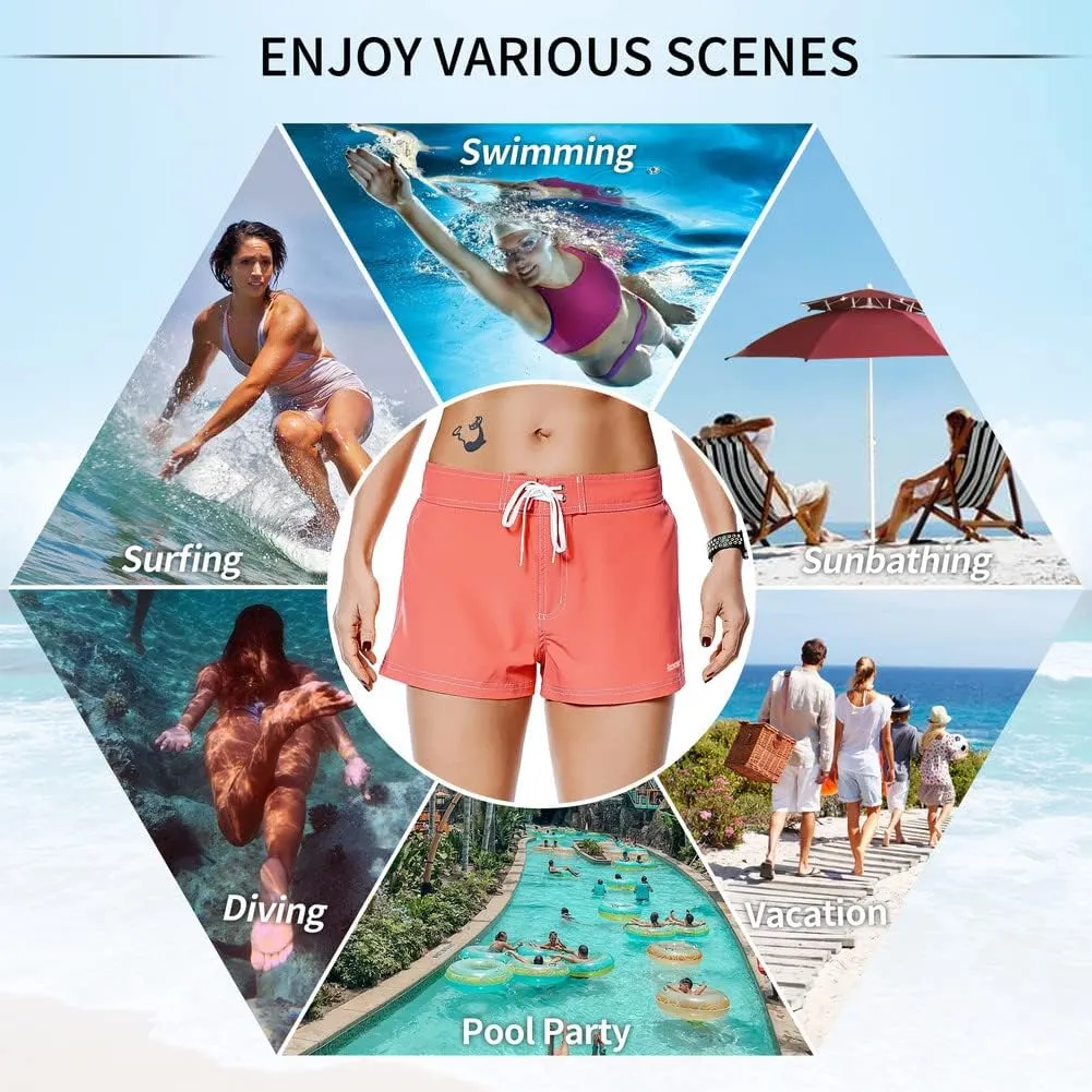 Rocorose Women's Board Shorts Quick Dry Elastic Waist Swim Shorts Surf Swimwear with Pocket and Liner