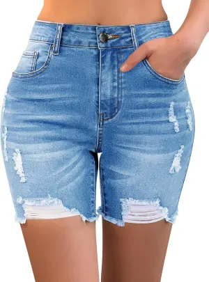 roswear Womens Casual Summer Ripped High Waisted Denim Shorts Stretch Distressed Frayed Raw Hem Jean Shorts