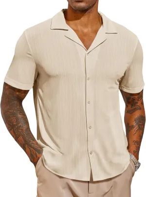 Runcati Mens Casual Button Down Shirts Short Sleeve Cuban Collar Textured Shirt Beach Summer Stretch Tops