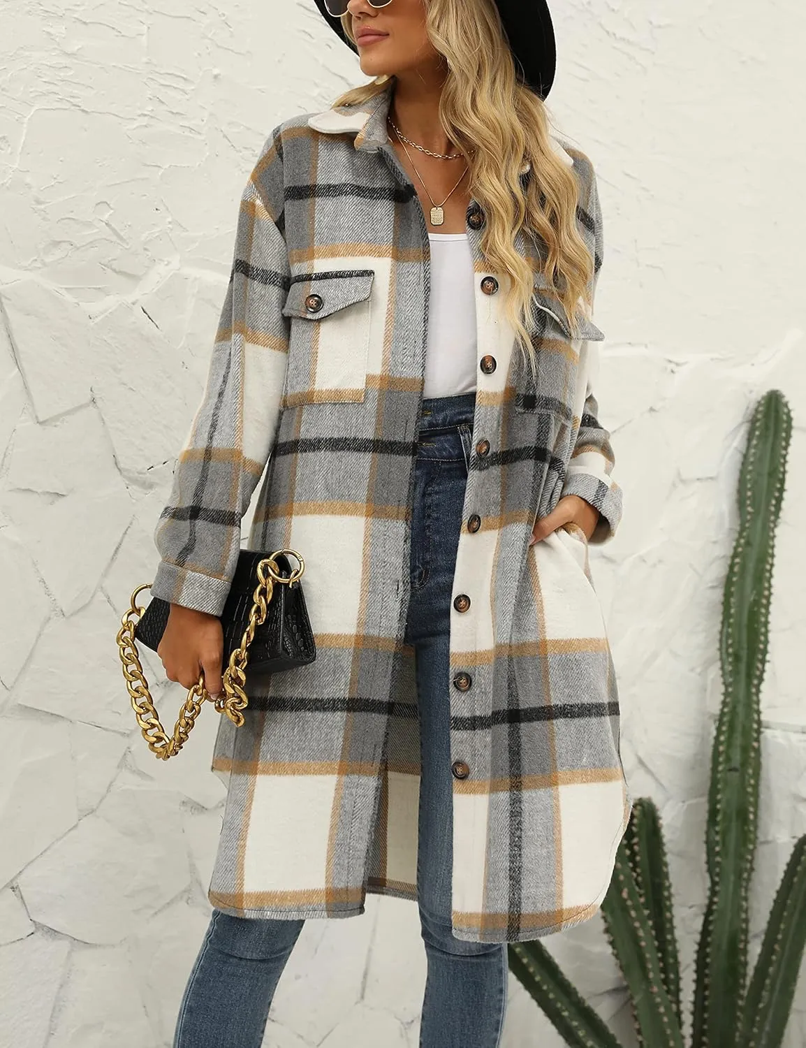 SeekMe Women's Long Plaid Shirt Jacket Shacket Lapel Button Down Woolen Blend Casual Tartan Over Shirt Trench Coat