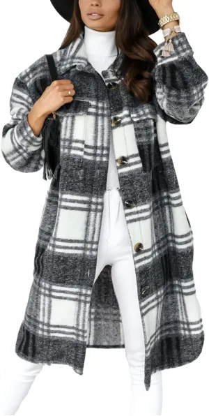 SeekMe Women's Long Plaid Shirt Jacket Shacket Lapel Button Down Woolen Blend Casual Tartan Over Shirt Trench Coat