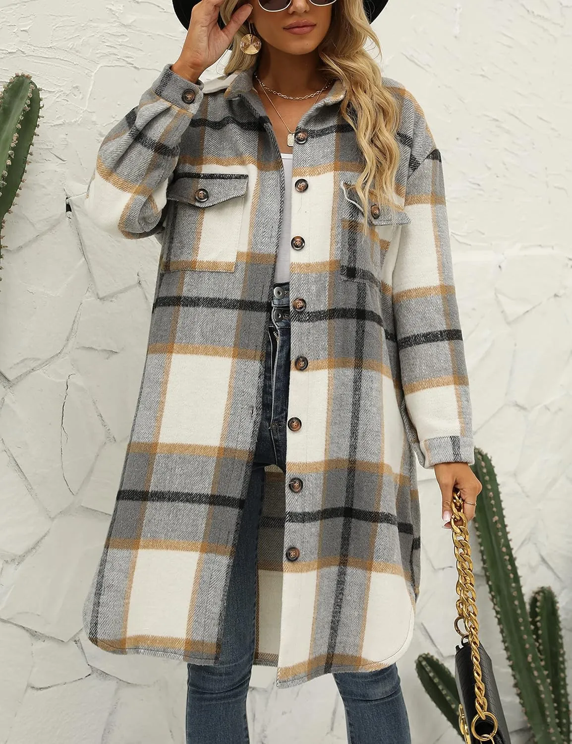 SeekMe Women's Long Plaid Shirt Jacket Shacket Lapel Button Down Woolen Blend Casual Tartan Over Shirt Trench Coat