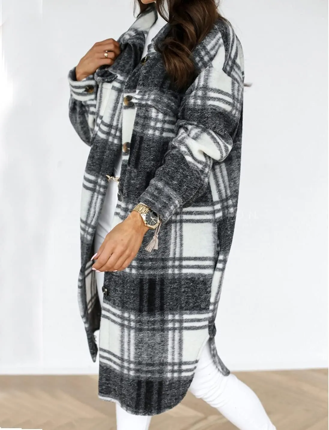 SeekMe Women's Long Plaid Shirt Jacket Shacket Lapel Button Down Woolen Blend Casual Tartan Over Shirt Trench Coat