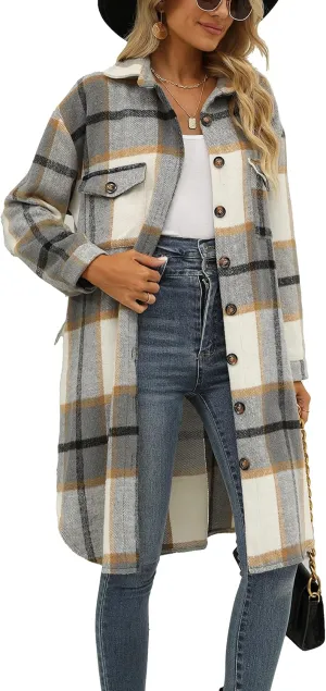 SeekMe Women's Long Plaid Shirt Jacket Shacket Lapel Button Down Woolen Blend Casual Tartan Over Shirt Trench Coat