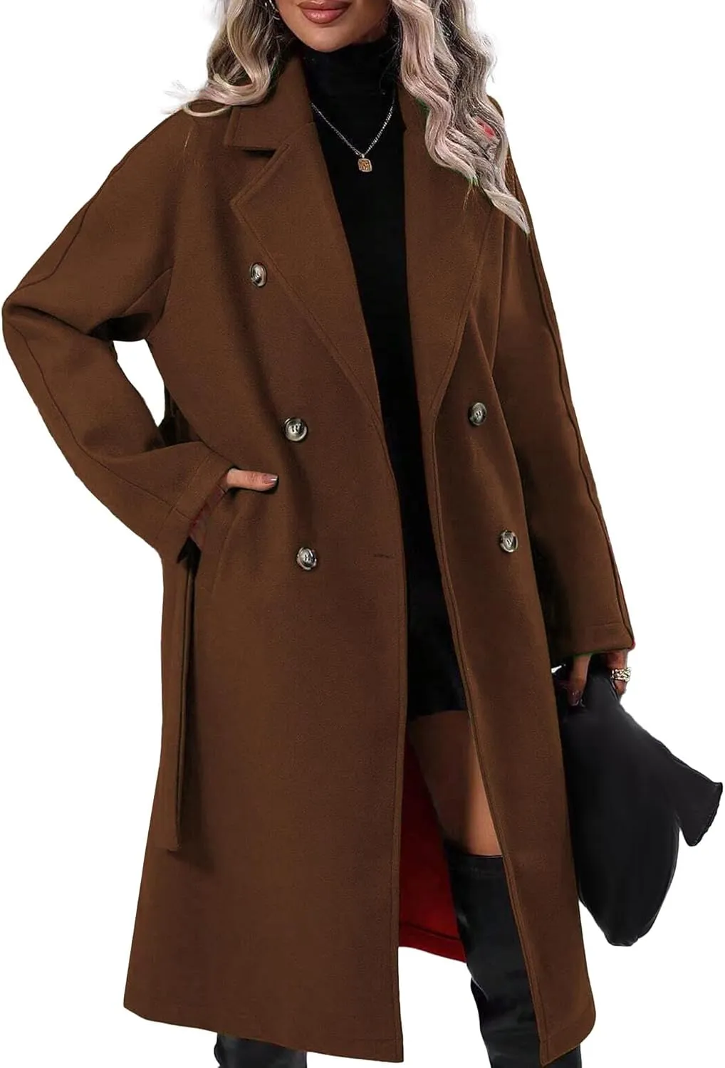 SEMATOMALA Women's Oversized Double Breasted Wool Blend Long Coat with Belt Notched Lapel Winter Trench Coat